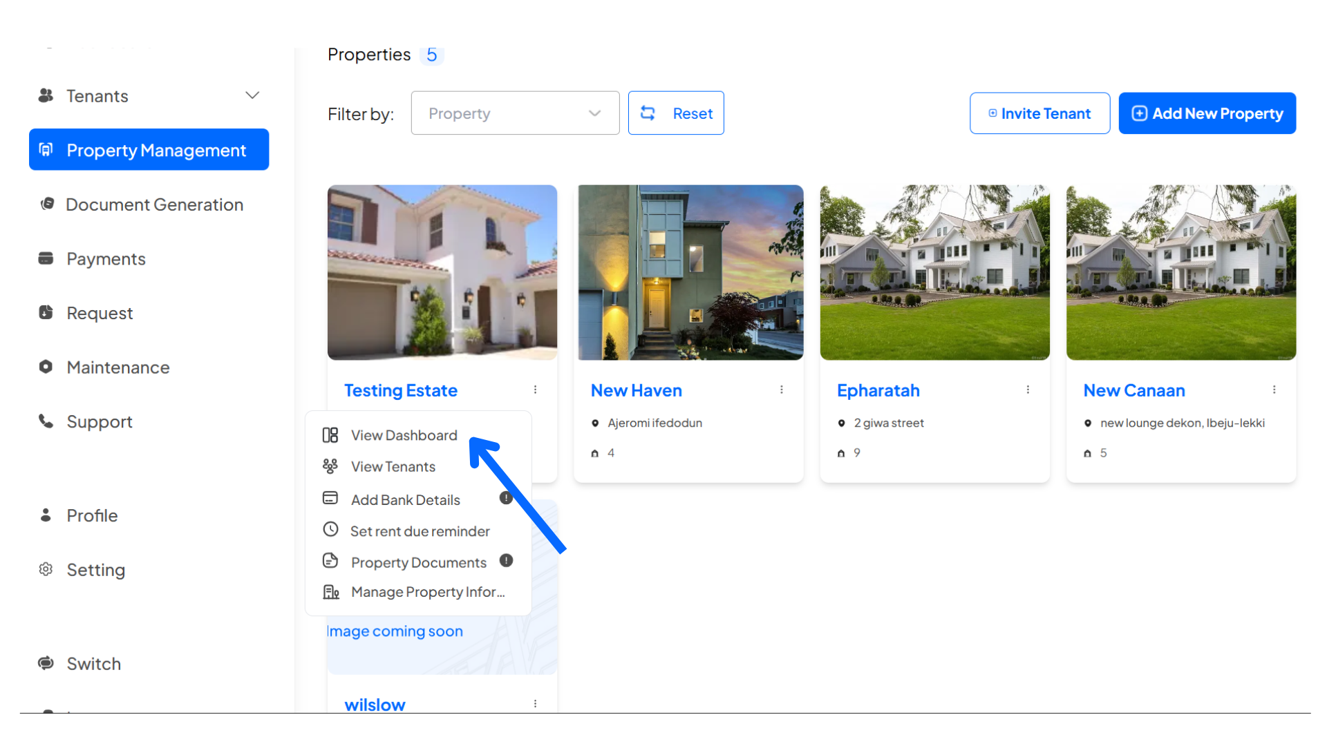 How to view the Dashboard of a Single Property on Homz as a Property Manager