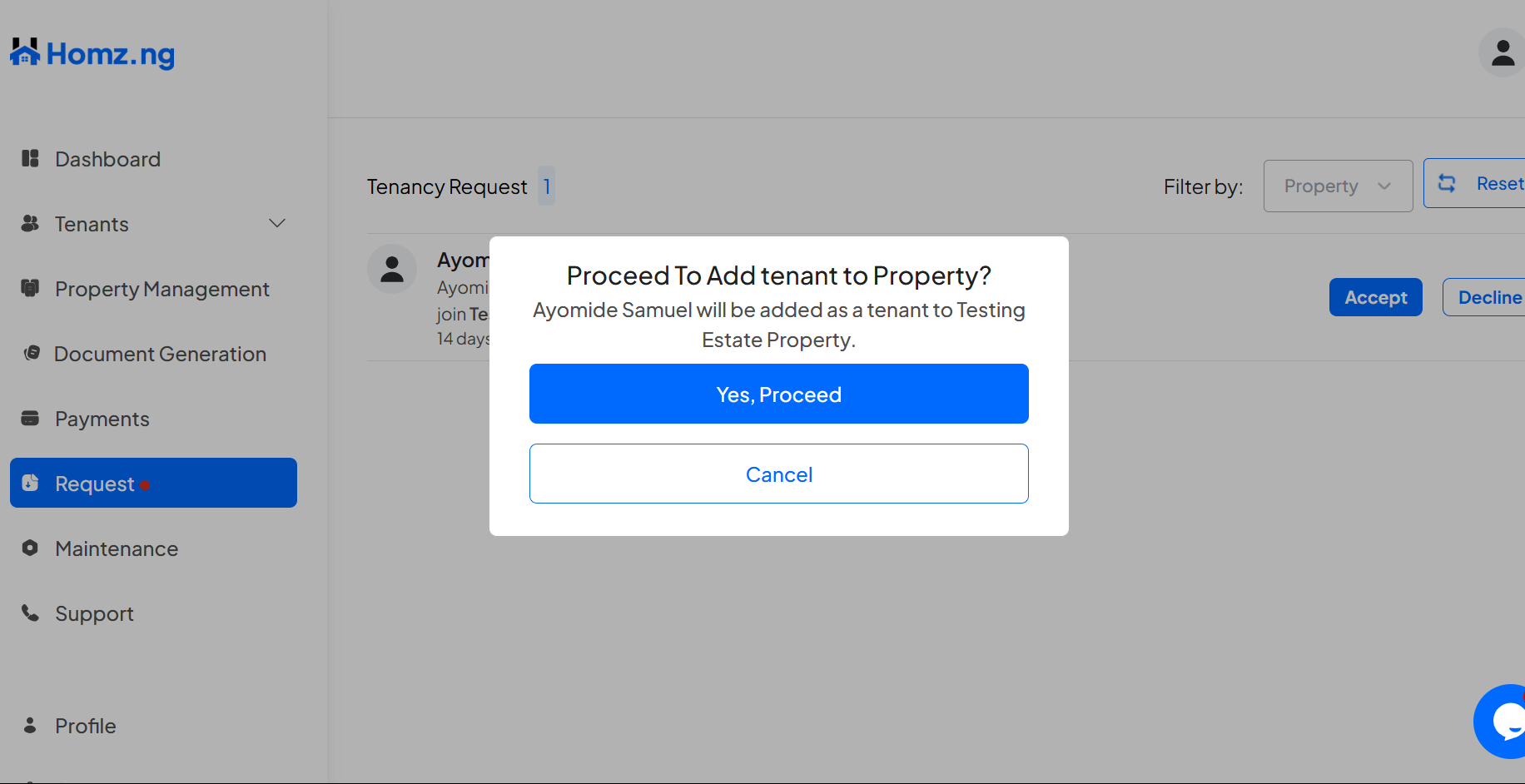 How to Accept or Reject Requests of Tenants who want to join your Property on Homz as a Property Manager