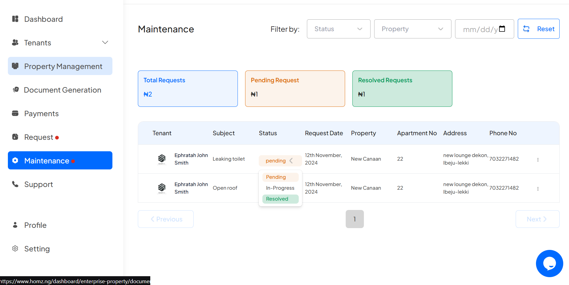 How to View and Manage Maintenance Requests from Tenants on Homz as a Property Manager