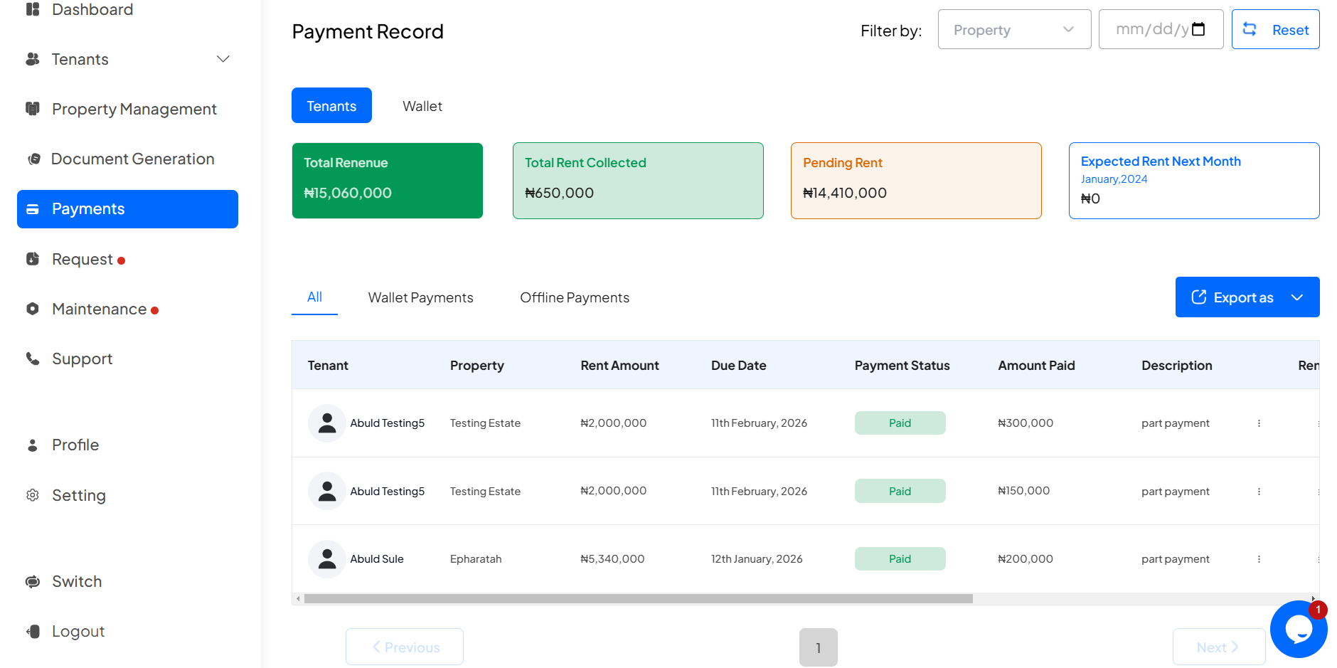 How to see an overview of all tenants' payment records (online & offline payment) on Homz as a Property Manager