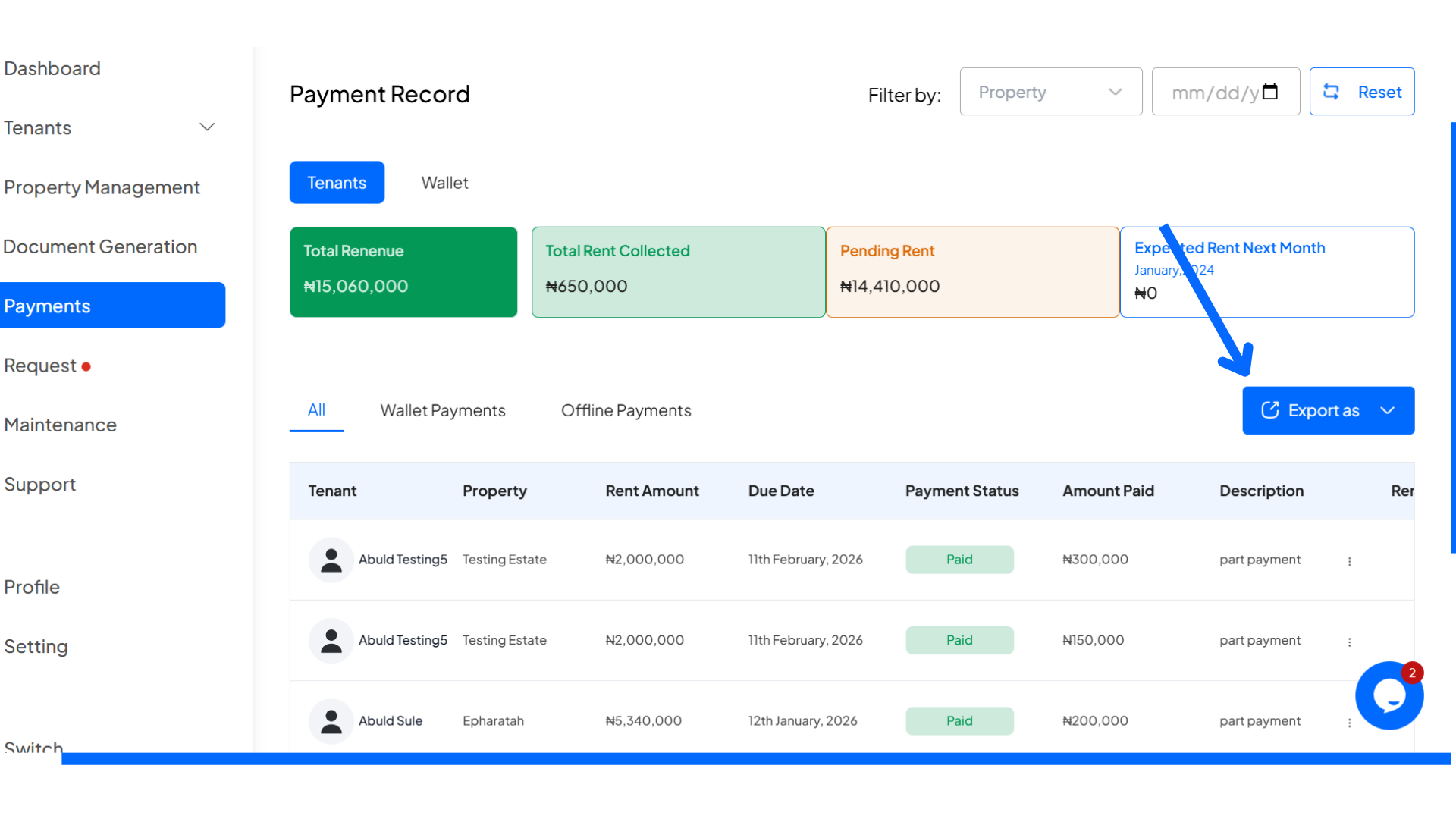 How to Export Payment Records for Tenants in PDF, CSV, or Excel format on Homz as a Property Manager