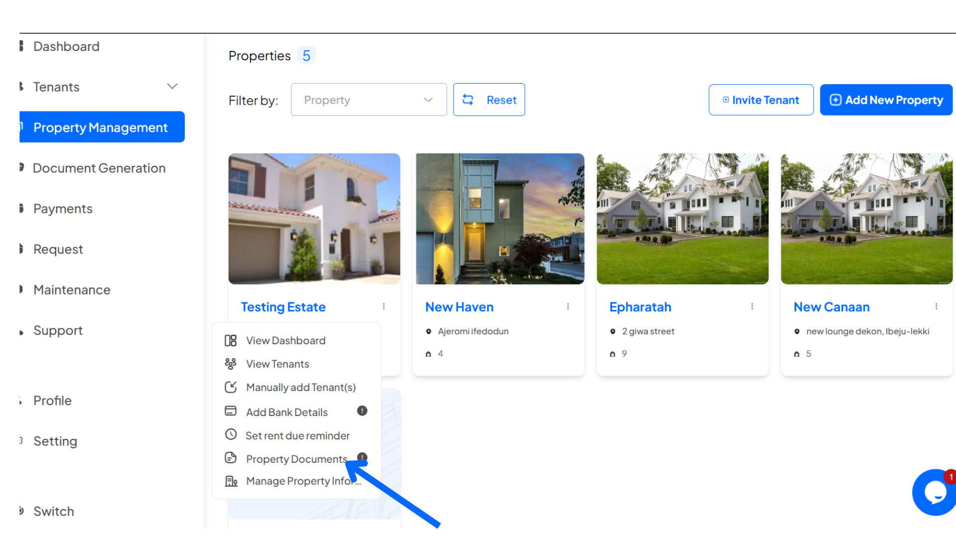 How do I add property documents to a single property on Homz as a property manager