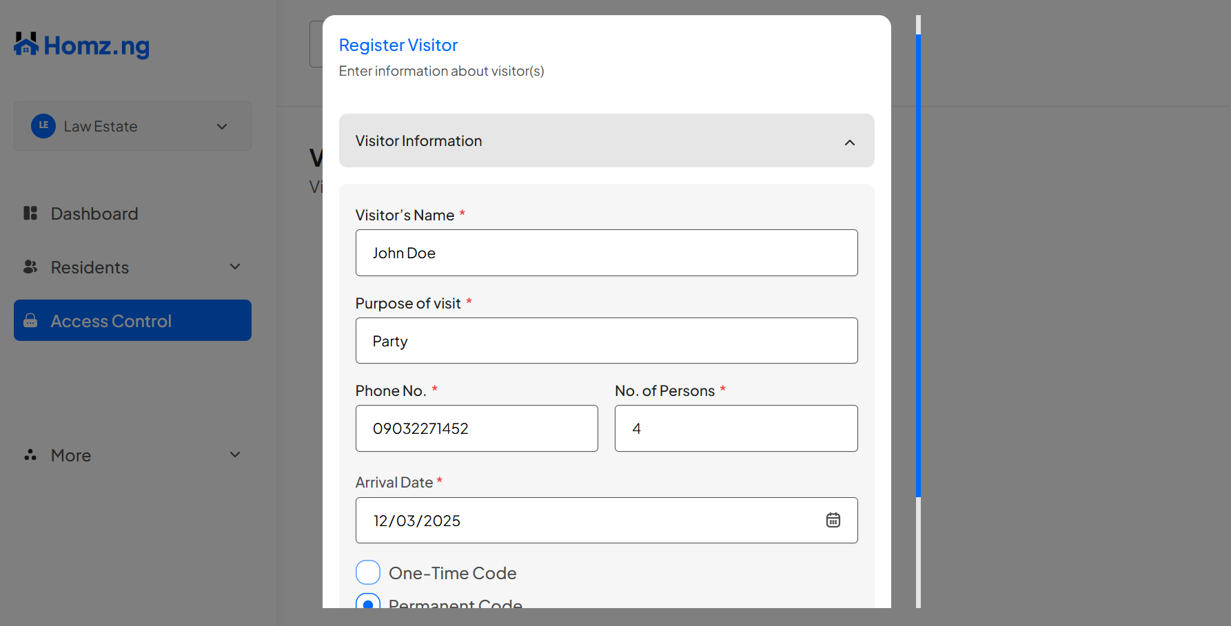 How to Register a Visitor and Generate an Access Code on the Homz Community Management Software 3 Screenshot 2025 12 02 094441