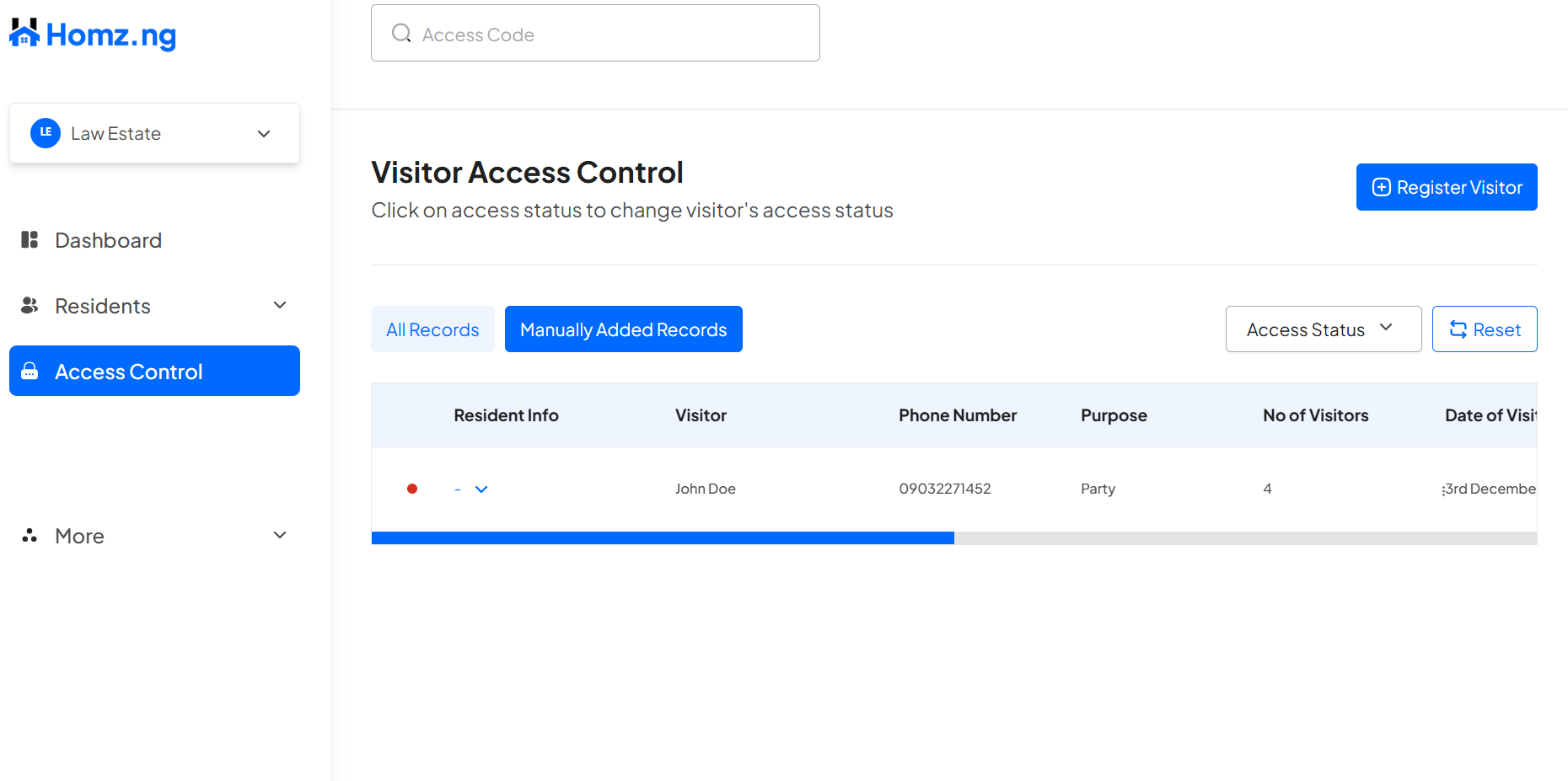 How to Register a Visitor and Generate an Access Code on the Homz Community Management Software 6 Screenshot 2025 12 02 094830