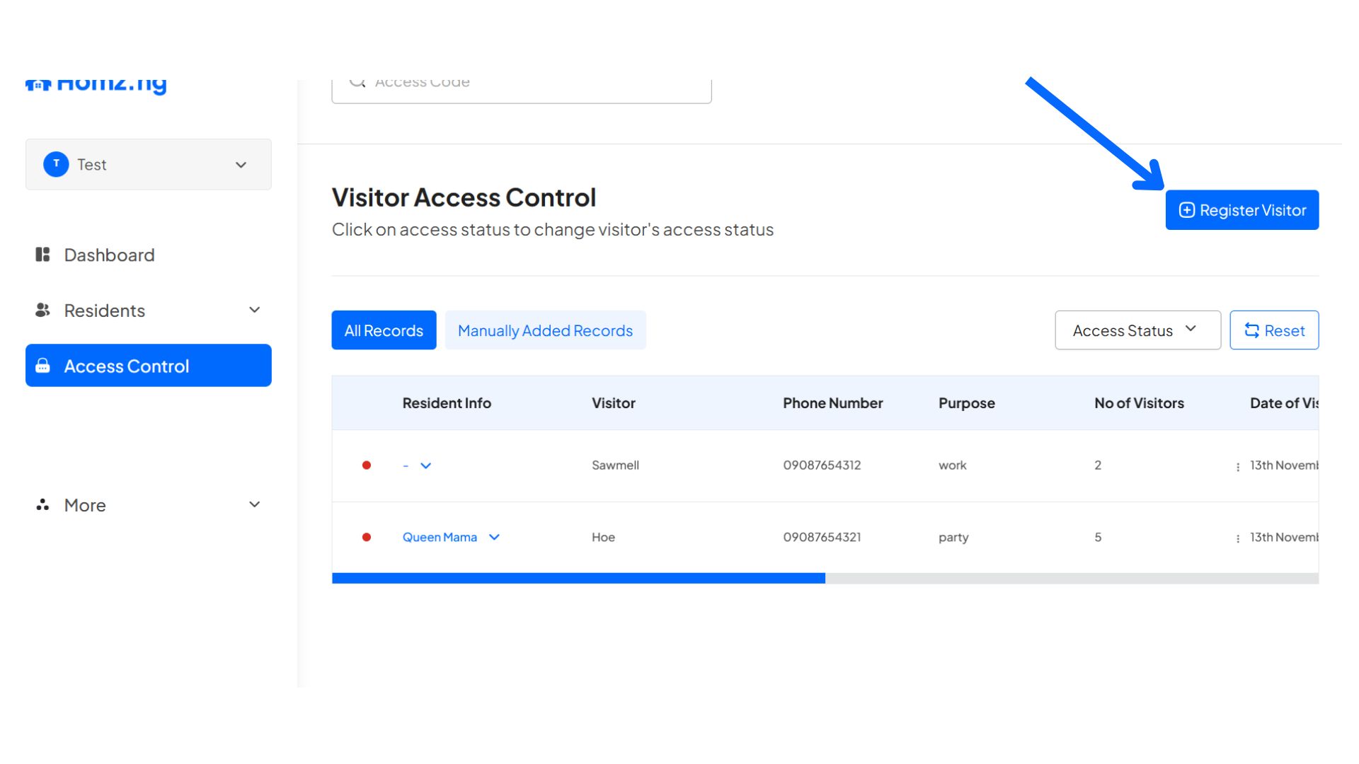 How to Register a Visitor and Generate an Access Code on the Homz Community Management Software 2 register visitor