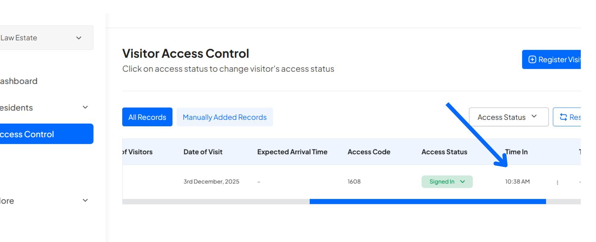 How to Sign In or Sign Out a Visitor on the Homz Community Management Software 3 signed in e1765791607644