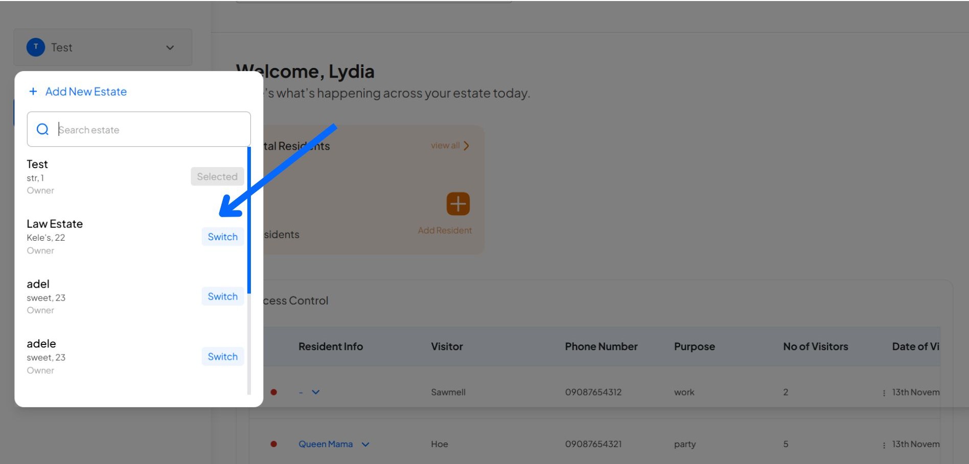 Guide to Switching Estates on the Homz Community Management Software. 4 switch estate